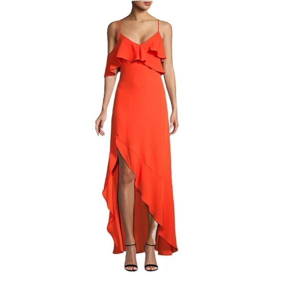 BCBGMAXAZRIA Sleeveless Ruffled Asymmetrical Hem Gown Poinsettia Red 8 - Picture 1 of 7